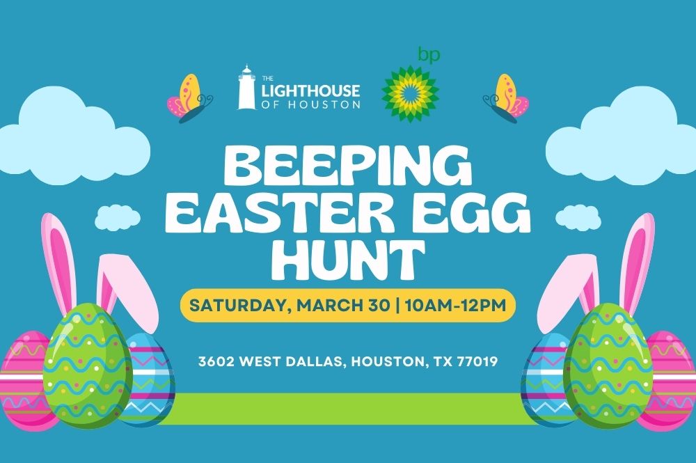 A blue graphic that has colorful eggs with bunny ears, clouds, and text that says Beeping Easter Egg Hunt Saturday March 30th from 10AM to 12PM.