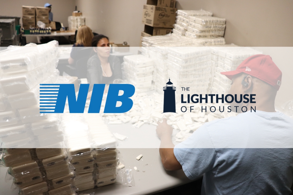 A graphic of four employees packaging soap at The Lighthouse of Houston's Enterprise Facility. There is a white transparent box across the middle with the blue NIB logo and the dark blue Lighthouse of Houston logo.