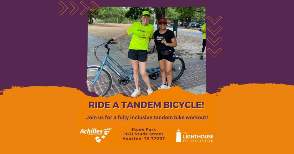 An orange and purple graphic with two people standing in front of a tandem bicycle.