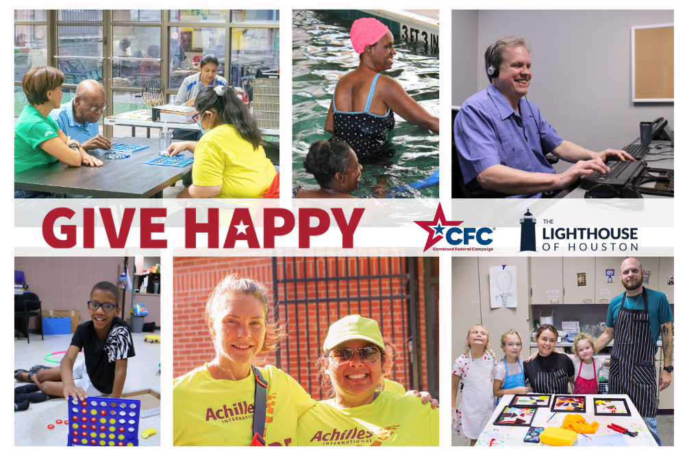 Pictures of the different programs LOH offers, including Adult Day Program game day and pool party, the Summer Youth Camp game day, two women smiling at a tandem bike ride, Steven Johnson smiling at a computer, and a family participating in an art class. There is text that says "Give Happy" and the CFC and LOH logos.