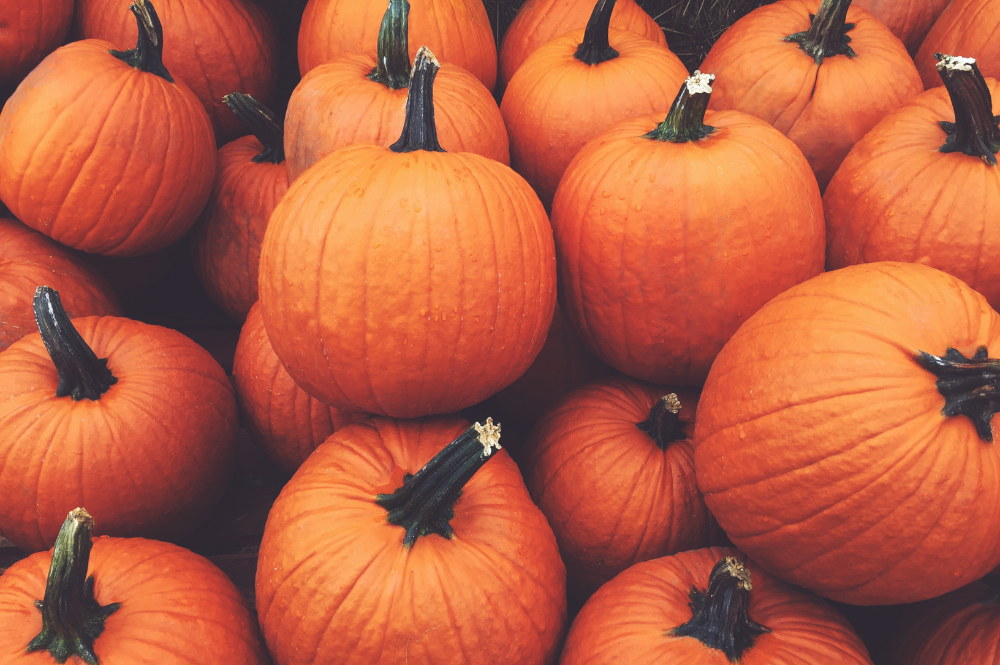 Orange pumpkins stacked on top of each other.