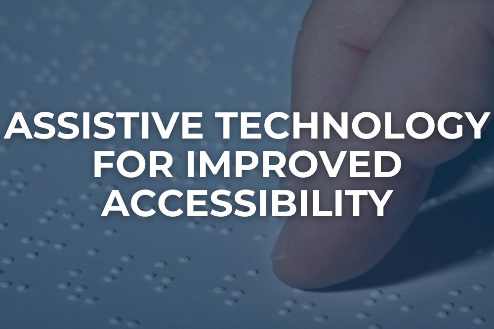 A hand reading braille lettering with a blue tint over it. There is text that reads "assistive technology for improved accessibility."