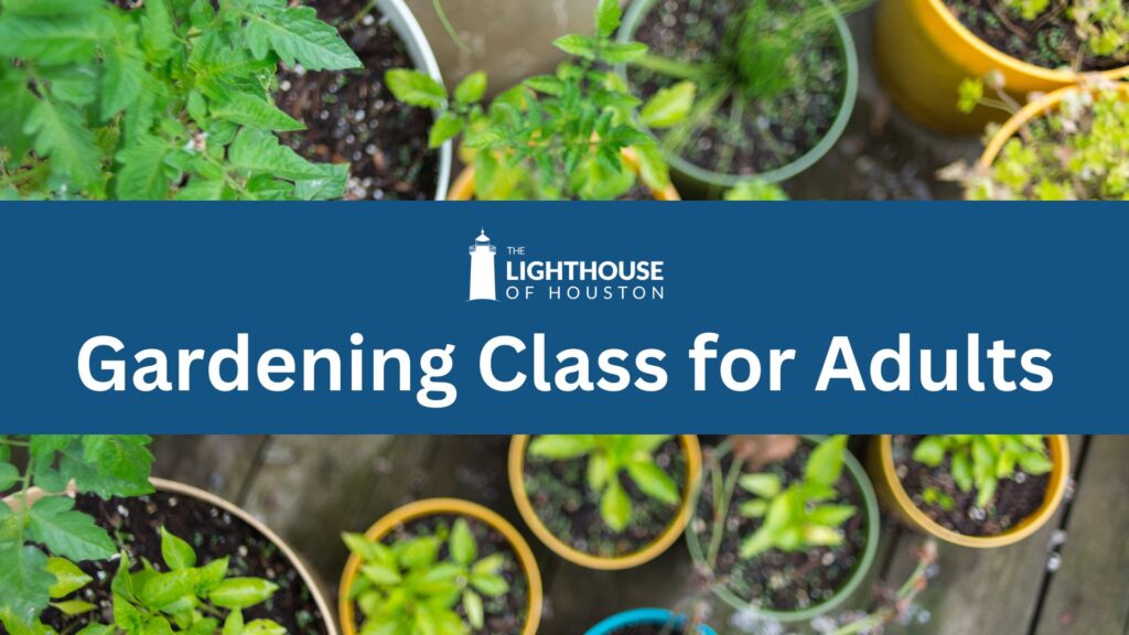 Picture of plants with text that says, "Gardening Class for Adults" and the Lighthouse of Houston logo.
