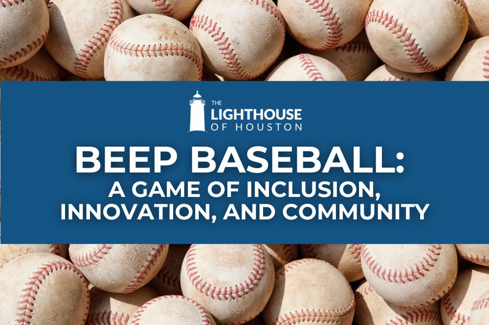 Image of many baseballs underlies text stating: "Beep Baseball: A game of inclusion, innovation, and community"