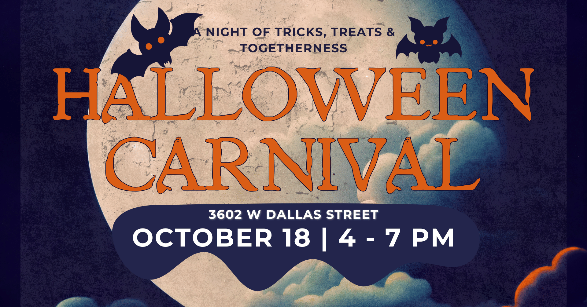 Halloween Carnival text overlies a background of a full moon and two black bats. Text shows address and date of October 18, 4-7 PM.