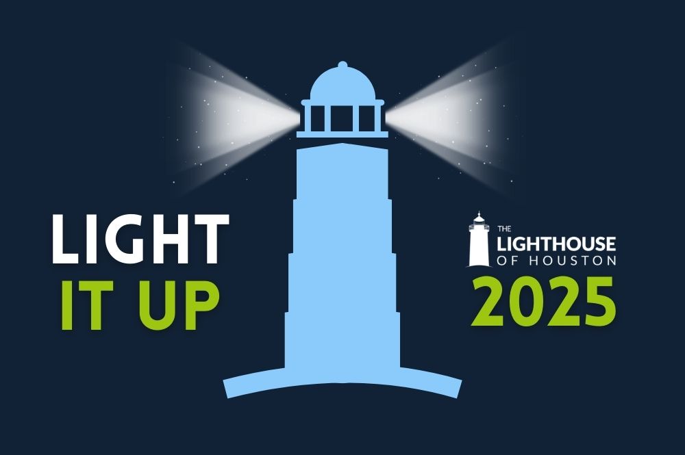 A dark blue graphic with a light blue lighthouse icon and text that says Light It Up 2025 with the LOH logo.