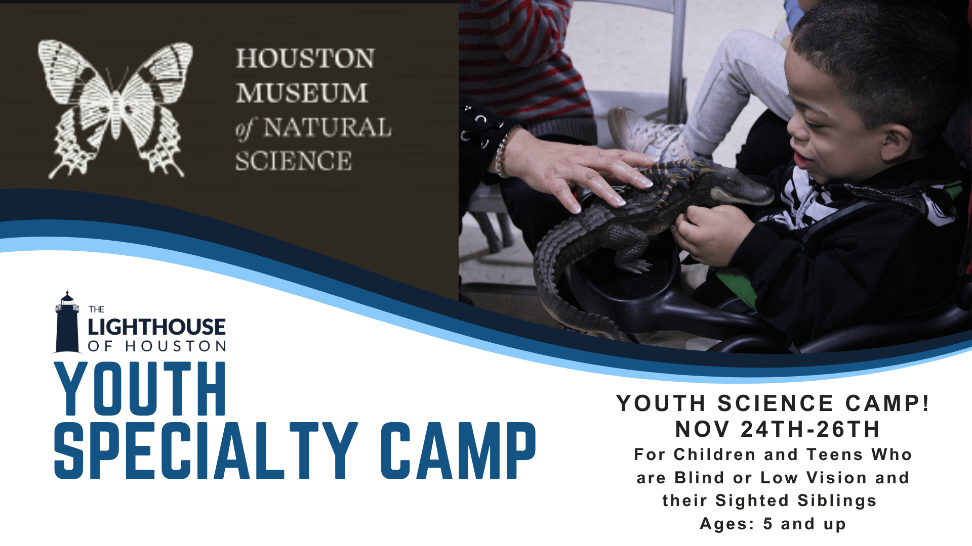 Graphic shows young student feeling a replica reptile skin handled by a museum volunteer. Youth Specialty Camp. YOUTH SCIENCE CAMP! NOV 24TH-26TH