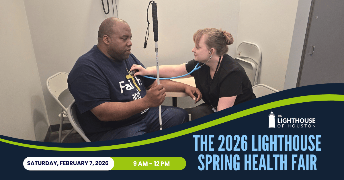 Graphic of a man seated at a small table holding a white cane next to a woman holding a stethoscope. Text states The 2026 Lighthouse Spring Health Fair, Saturday, February 7, 2026; 9 am - 12 PM