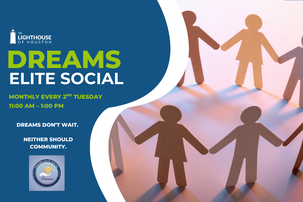 Diverse group paper dolls joining hands in unity promoting Dreams Elite Social meeting monthly in Houston at The Lighthouse.