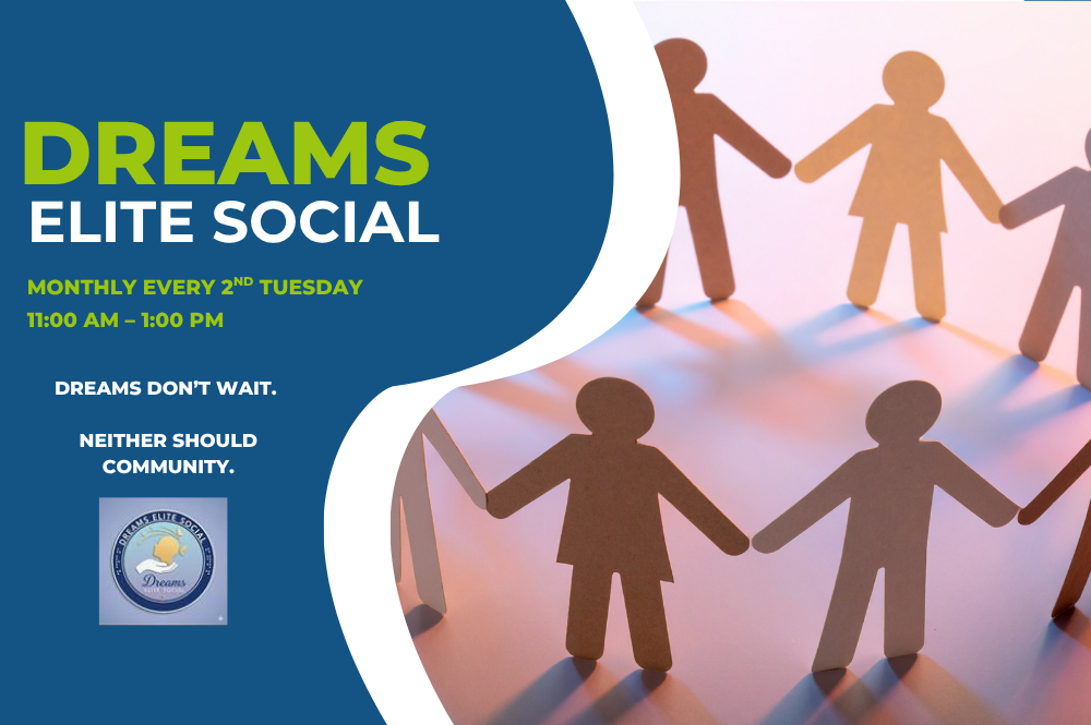 Diverse group paper dolls joining hands in unity promoting Dreams Elite Social meeting monthly in Houston at The Lighthouse.