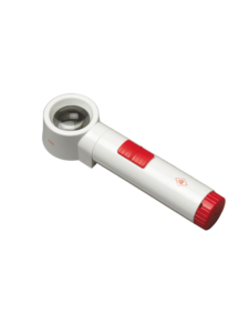 A white and red handheld magnifying glass with a red button on the handle and a red cap on the end.