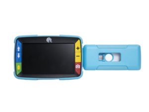A blue and black handheld digital magnifier with a screen and buttons for zoom and camera functions. The device has a detachable handle with a USB-C port.