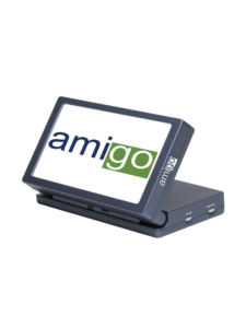 A digital magnifier with the "amigo" logo on its screen and side. The device is dark gray and has buttons on its base.