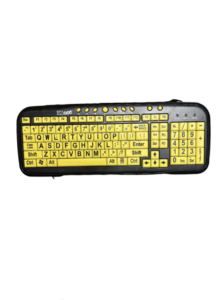 A black keyboard with yellow keys, labeled 'Ezsee', featuring a full QWERTY layout, function keys, and a numeric keypad.