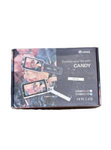 The front of a HIMS CANDY portable digital magnifier box, featuring an image of a butterfly on a flower, and text indicating "Sweeten your life with CANDY" and "CANDY4 HD CANDYS HD".