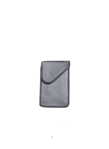 A closed black leather case with a curved flap closure.