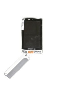A white handheld digital magnifier with a screen labeled "CANDY 5 HD."
