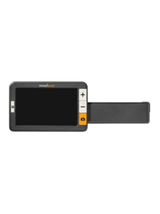 A digital magnifier with a screen displaying "Humanware" and buttons for zoom and camera functions, with a black handle extended to the right.