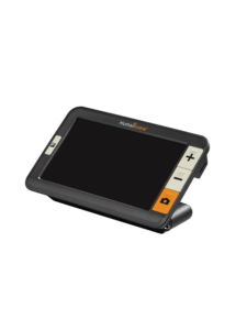 A black handheld digital magnifier with a black screen and the "Humanware" logo. It has volume control buttons and an orange camera button on the side.