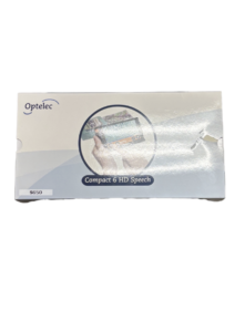 The box for the Optelec Compact 6 HD Speech magnifier shows a hand holding a magnified document.