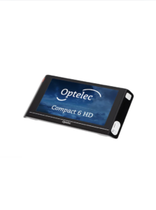 A black Optelec Compact 6 HD electronic magnifier with a blue sky background displayed on its screen.