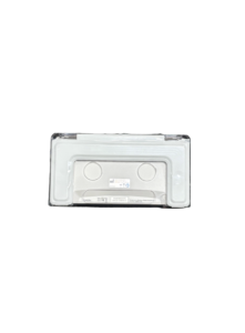 A white electronic device with two circular indentations and a label with regulatory marks like CE and FCC.