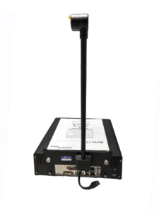 A black SARA CE device with a vertical arm and a yellow-tipped sensor on top, featuring various ports on the back panel.