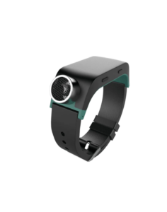 A black and teal wristband with a metallic speaker grille on the front.
