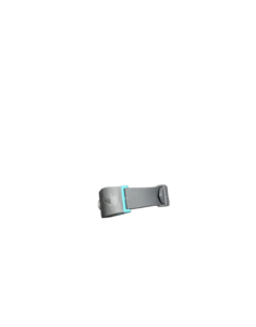 A dark gray watch with a light blue accent band and a circular display with a white face and light blue inner ring.