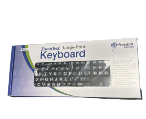 Box for a ZoomText Large-Print Keyboard by Freedom Scientific, featuring large print keys and quick access to ZoomText features.