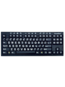 A black ZoomText keyboard with large white letters and numbers on the keys, including function keys and navigation keys.