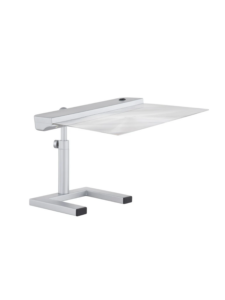 A silver desk magnifier with an adjustable stand and a large, clear lens positioned over a white surface.