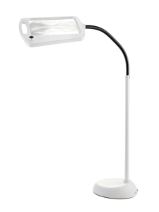 A white floor lamp with a rectangular magnifying glass light attached to a flexible black gooseneck arm.