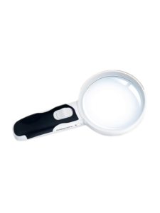A magnifying glass with a black and white handle and a white rim around the lens.